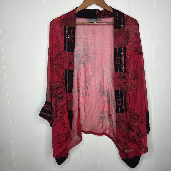 Chicos Womens 100% Silk Red Sheer Short Kimono Size M/L Embroidered Art To Wear - Picture 1 of 8